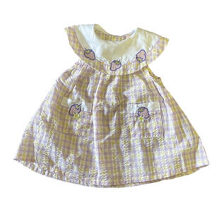 Vintage Cotton Toddler Dress Yellow Purple Strawberry Gingham Peter Pan Collar